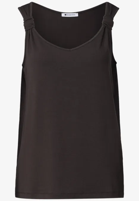 Schlichtes ärmelloses Top in dunklem Braun mit V-Ausschnitt und raffinierten Schulterdetails.