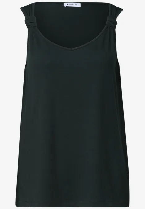 Schlichtes, ärmelloses Top in Schwarz mit V-förmigem Ausschnitt und dekorativen Knoten an den Schultern.