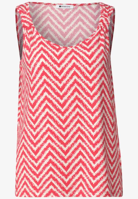 Top mit V-Neck und Knotendetail salsa red Rotes-weißes ärmelloses Damenoberteil mit Zickzackmuster und V-Ausschnitt.