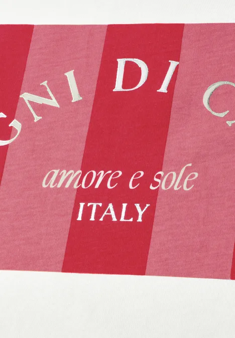 Rosa-rot gestreiftes Etikett mit dem Schriftzug 'amore e sole ITALY'.