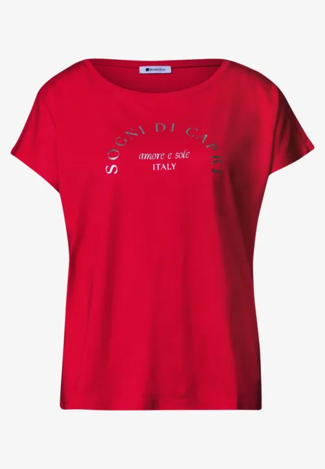 Dropped Shoulder Shirt mit Rundhals salsa red Rotes Damen-T-Shirt mit italienischem Schriftzug 'Sogni di Casa' und 'since 1984 Italy'.