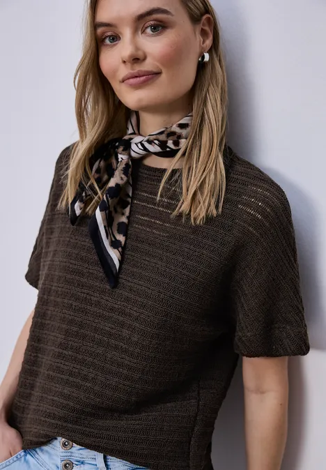 T-Shirt mit Rundhals und Struktur espresso brown