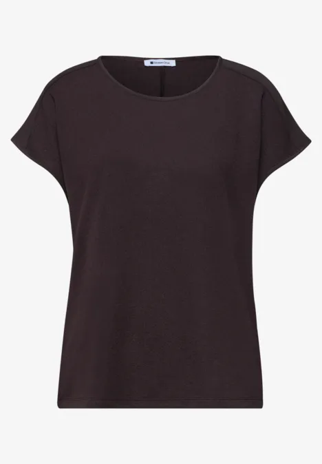 Schlichtes dunkelbraunes Kurzarm-Damen-Shirt mit rundem Ausschnitt.