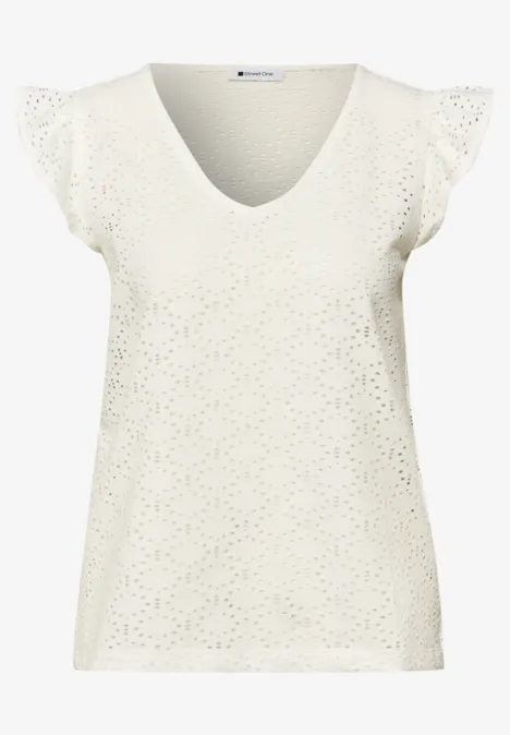 Top mit V-Neck und Lochspitze off white