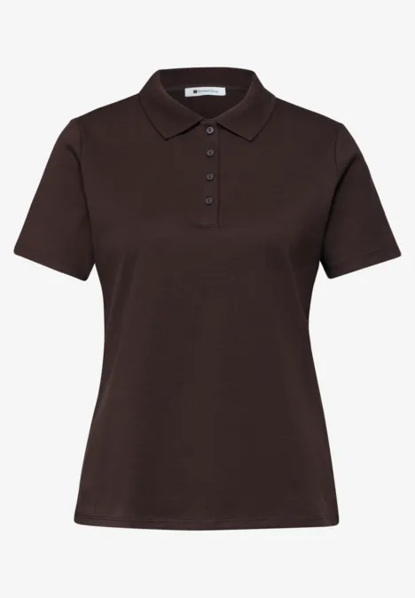 Kurzarm Poloshirt in Rippstruktur espresso brown Braunes Damen-Poloshirt mit kurzem Arm und Knopfleiste