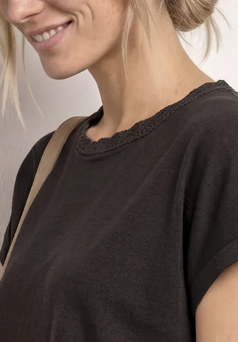 Koszulka z okrągłym dekoltem i ozdobną taśmą espresso brown