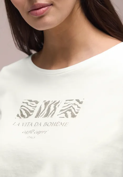 Basic Shirt met ronde hals en print off white