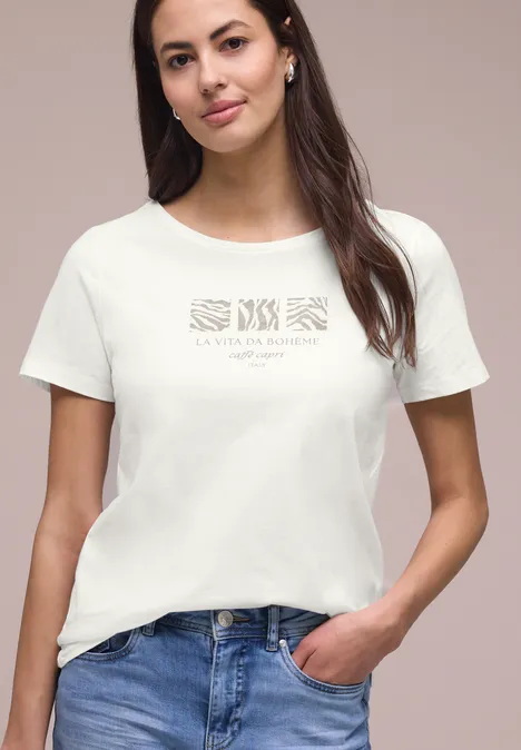 Basic T-Shirt mit Rundhals und Print off white
