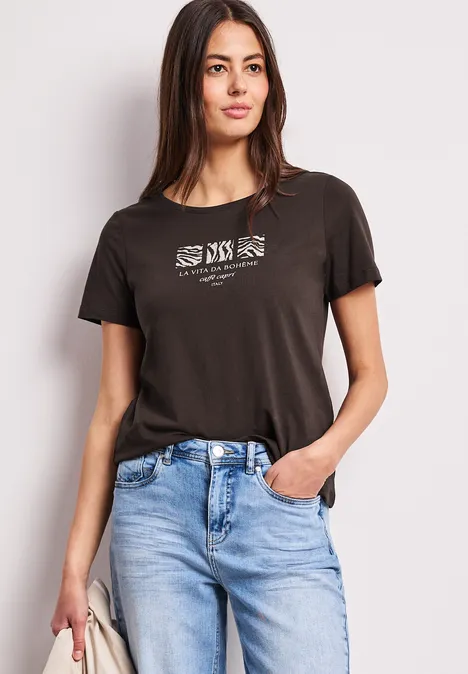 Basic T-Shirt mit Rundhals und Print espresso brown