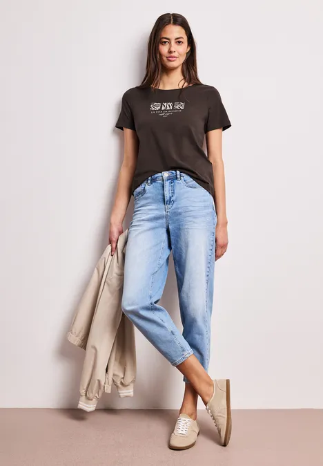 Basic T-Shirt mit Rundhals und Print espresso brown