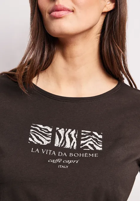 Basic T-Shirt mit Rundhals und Print espresso brown