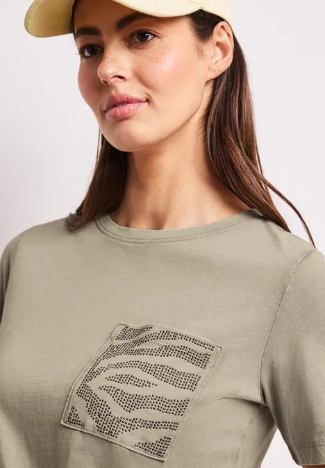 Shirt mit Rundhals und Schmucksteinen timeless beige