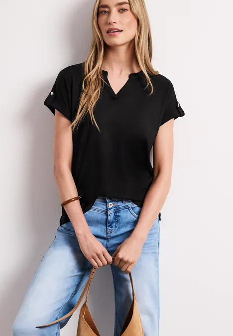 T-Shirt mit Split Neck und Knopfdetails Black T-Shirt mit Split Neck und Knopfdetails Black
