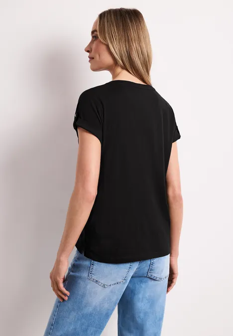 T-Shirt mit Split Neck und Knopfdetails Black T-Shirt mit Split Neck und Knopfdetails Black