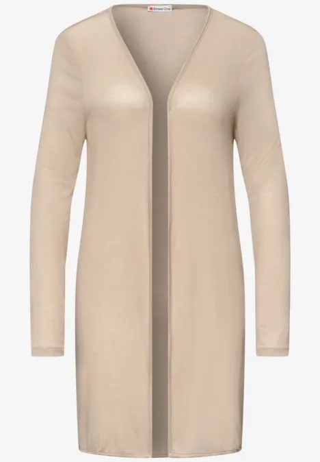 Beige, lange, opengebreide cardigan van fijne stof met lange mouwen.