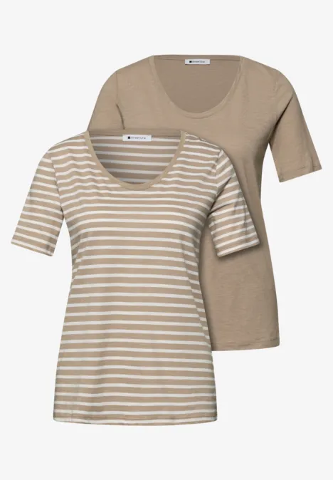 T-Shirts mit rounded V-Neck im 2er-Pack safari beige