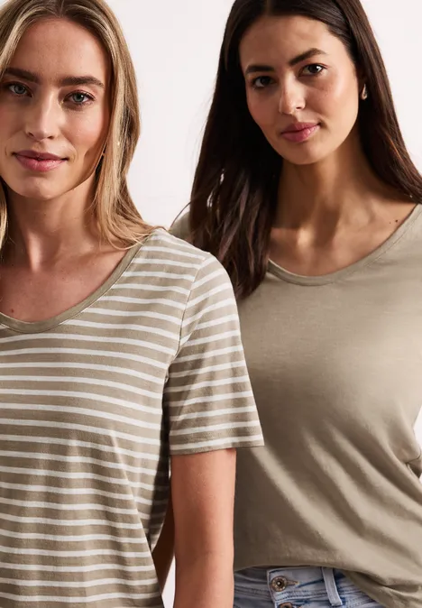 T-Shirts mit rounded V-Neck im 2er-Pack safari beige