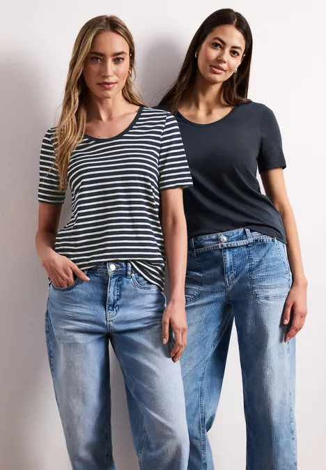 T-Shirts mit rounded V-Neck im 2er-Pack shadowed navy