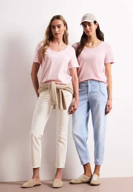 T-Shirts mit rounded V-Neck im 2er-Pack minimal rose