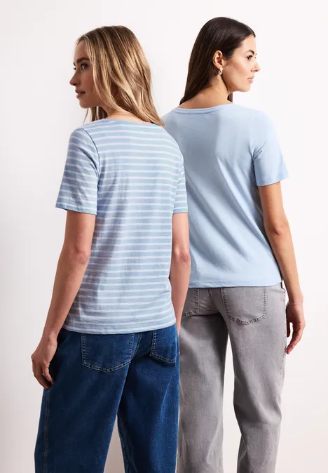 T-Shirts mit rounded V-Neck im 2er-Pack calm blue