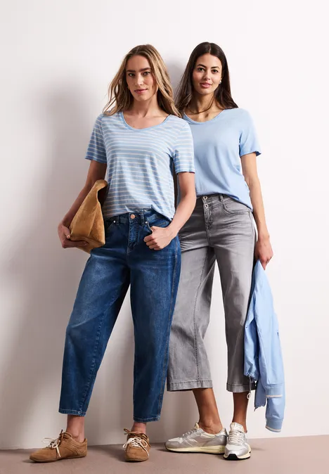 T-Shirts mit rounded V-Neck im 2er-Pack calm blue