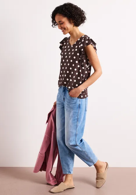 T-shirt avec col en V et manches à volants espresso brown