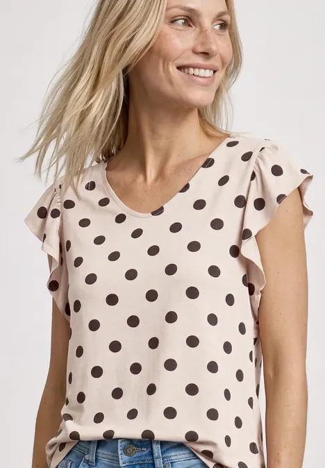 Shirt met V-hals en volantmouwen clay sand
