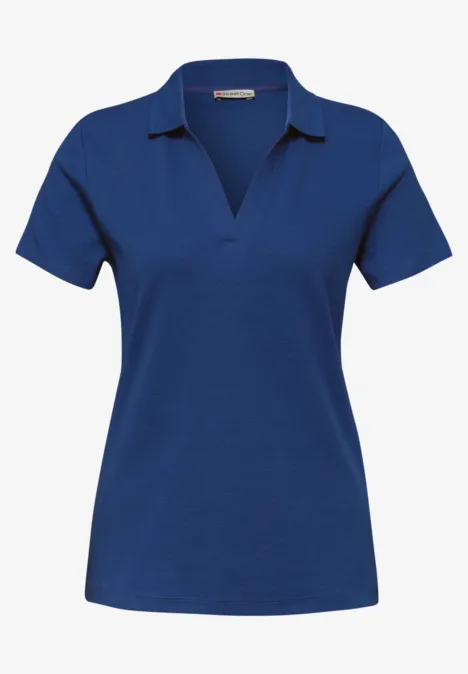 Dames polo met korte mouwen en V-hals, klassieke kraag, in helder blauw.