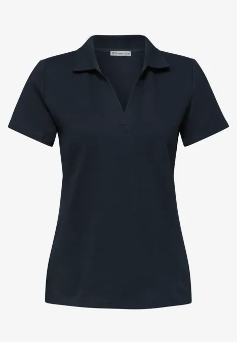 Eenvoudig dames polo T-shirt in donker marineblauw met V-hals en korte mouwen.