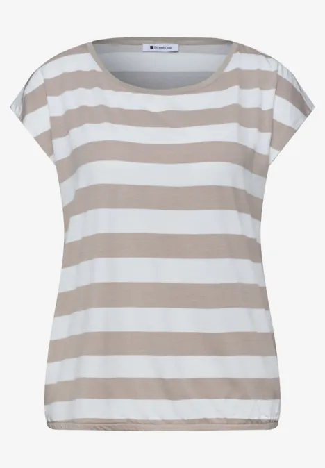 Damen-T-Shirt mit beigen und weißen Streifen, kurzärmelig, Rundhalsausschnitt und lockerem Schnitt.