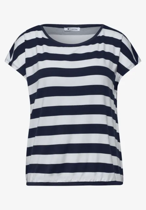 Losvallend T-shirt met korte mouwen, marineblauwe en witte horizontale strepen en ronde hals.