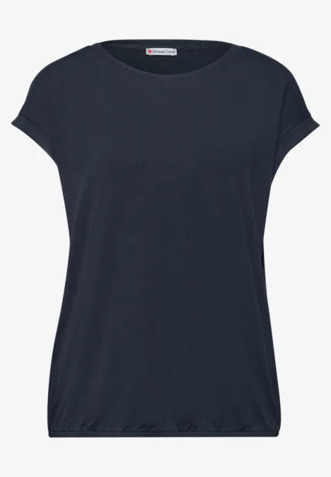 Dunkelblaue, kurzärmelige Damenbluse mit Rundhalsausschnitt und elastischem Bund