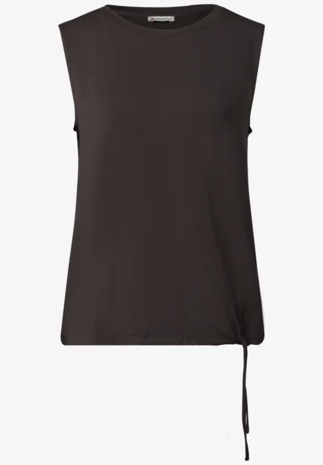 Schlichtes ärmelloses Top in Schwarz mit rundem Ausschnitt und seitlicher Schnürung am Saum.