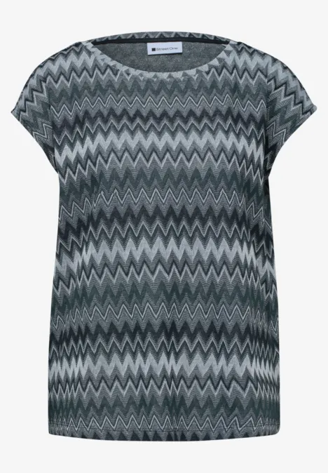 T-shirt femme gris à motif zigzag avec manches courtes.