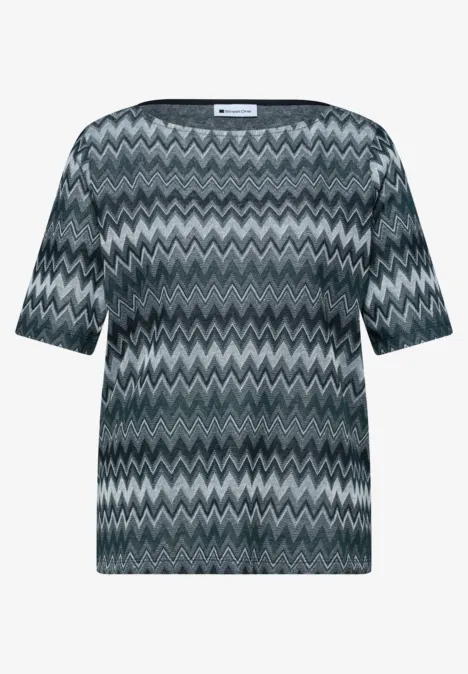 Shirt met boothals en zigzagprint deep bound green Dames top met korte mouwen en grijs-wit zigzagpatroon.