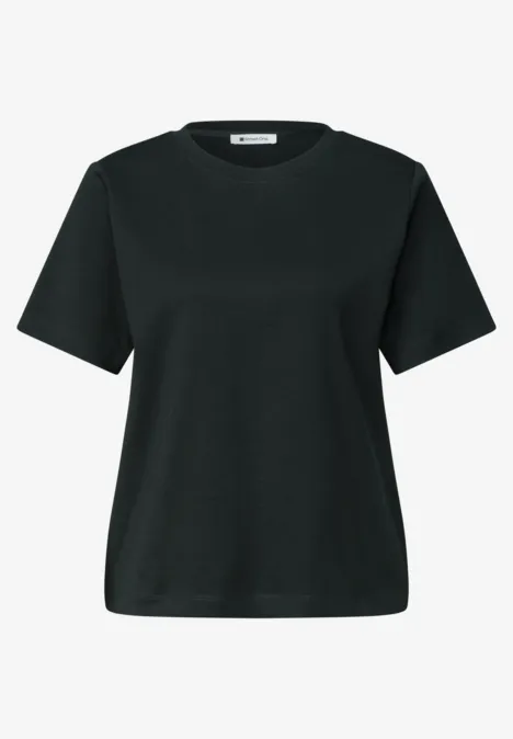 Een effen zwart dames-T-shirt met korte mouwen en ronde hals.