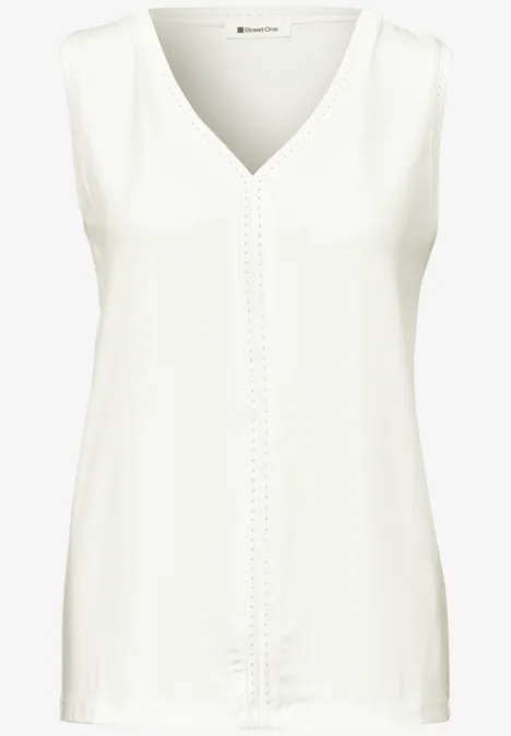 Ärmelloses weißes Top mit V-Ausschnitt und zarter Nahtverarbeitung