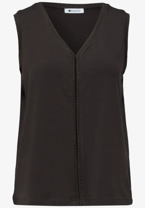 Schwarzes, ärmelloses Top mit V-Ausschnitt und zierender Naht