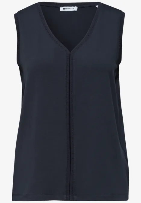 Ärmelloses, dunkelblaues Top mit V-Ausschnitt und dekorativer Ziernaht vorne.