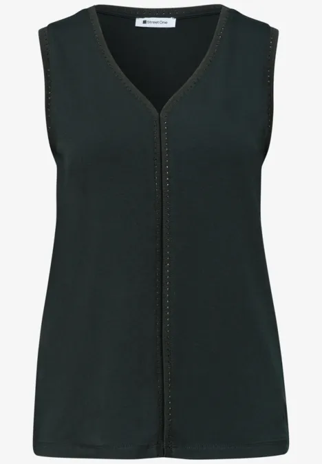 Ärmelloses, schwarzes Damen-Top mit V-Ausschnitt und feiner Ziernaht.