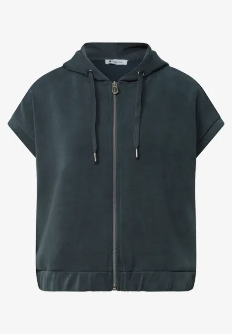 Donkergrijze korte mouw-hoodie met rits, capuchon en koordsluiting.