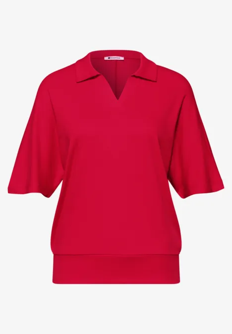 Poloshirt met elastische tailleband salsa red Rood kortarm T-shirt met V-hals, kraag en brede boord