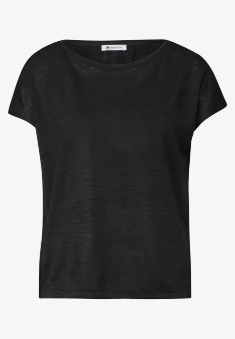 Schlichtes schwarzes T-Shirt mit kurzen Ärmeln und Rundhalsausschnitt.