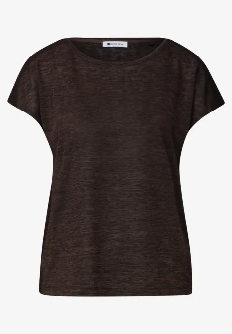 Dunkelbraunes, kurzärmeliges Shirt mit Rundhalsausschnitt und lockerem Schnitt.