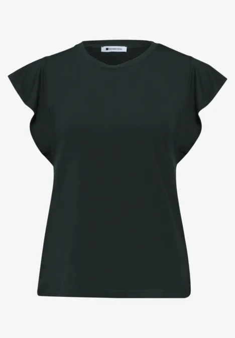 Zwart dames-T-shirt met korte, licht uitlopende mouwen en ronde hals.