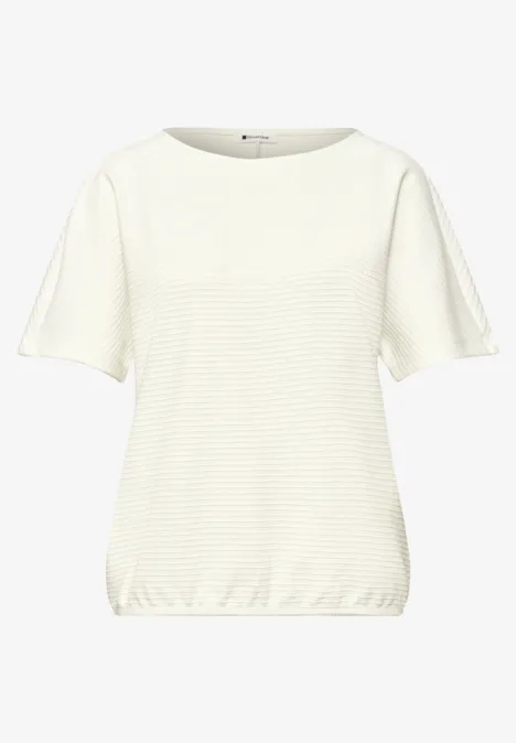 Shirt met structuur in effen kleur off white Witte top met korte mouwen, ronde hals en elastische zoom