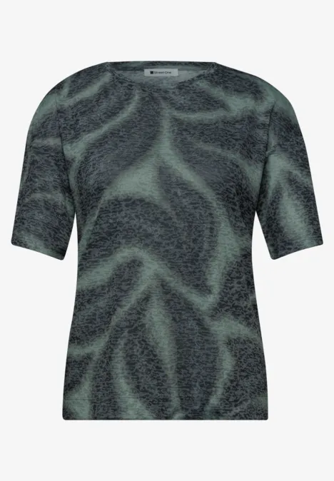 Dunkelgrünes Damen-T-Shirt mit kurzem Ärmel und abstraktem, geschwungenem Muster.