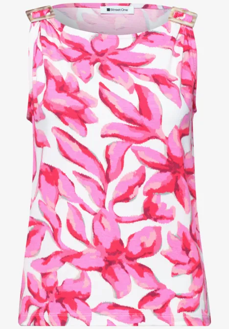 Ärmelloses Top mit pink-weißem, großem Blumenmuster.