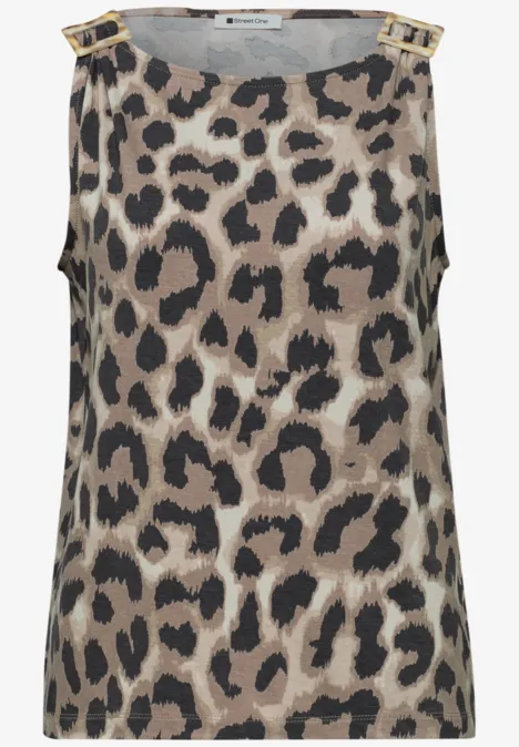 Mouwloos dames topje met luipaardprint in beige en zwart, gouden kettingdetails op de schouders.