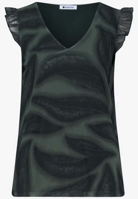 Mouwloze groene damestop met V-hals en schoudervolants.
